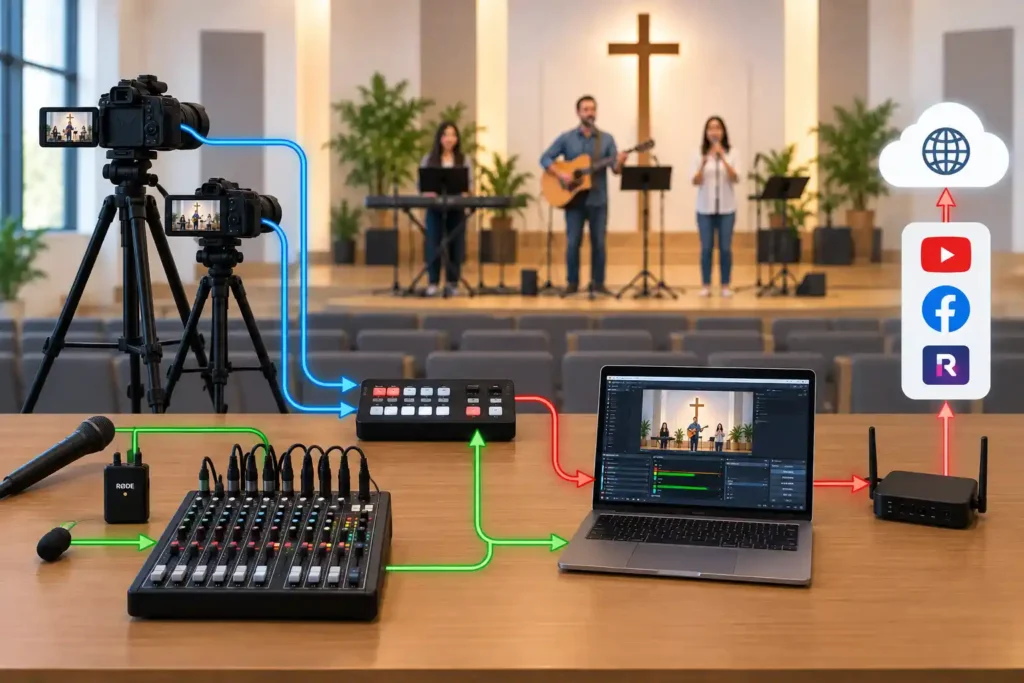 Diagram of church livestream audio and video signal flow from source to stream