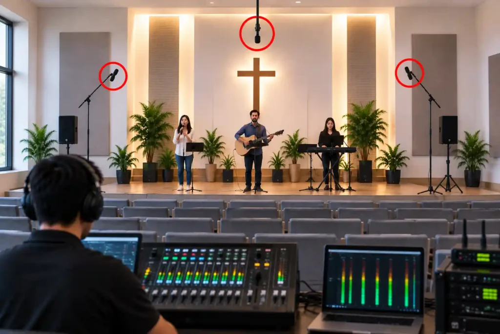 Room microphones positioned to capture ambient worship sound for livestream