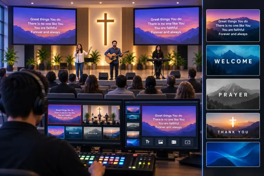 Livestream graphics overlay showing worship song lyrics