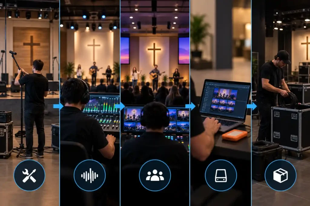 Weekly workflow checklist for a Sunday church livestream