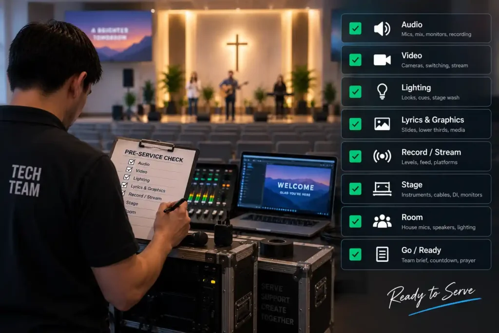 Pre-service technical preflight checklist before starting a church livestream