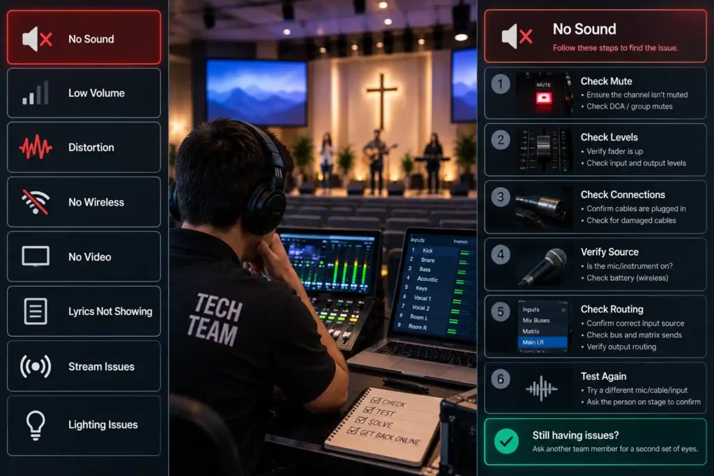 Troubleshooting flowchart for common church livestream problems