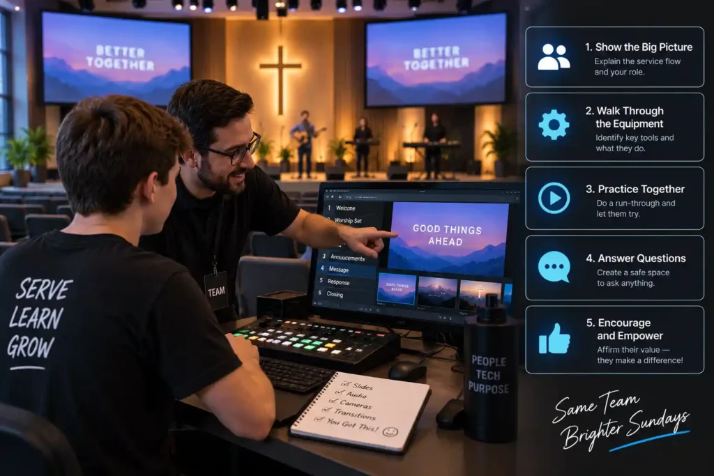 Training a new volunteer to run the church livestream