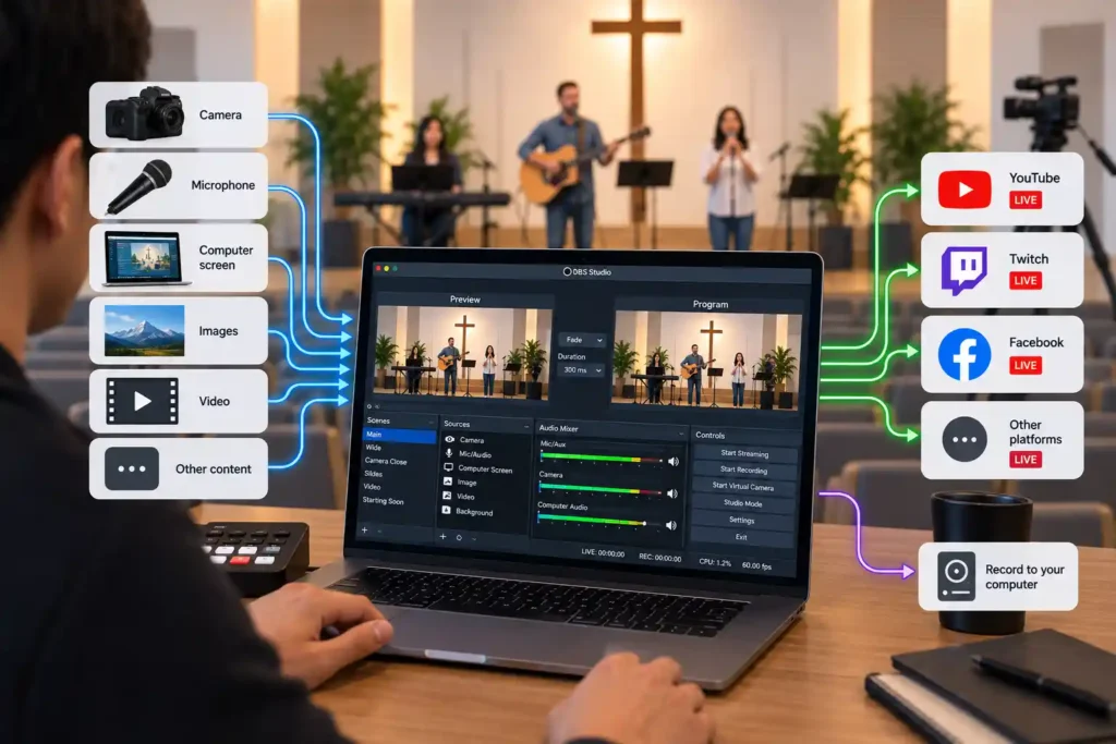 OBS Studio scene layout combining camera and audio sources for a church livestream