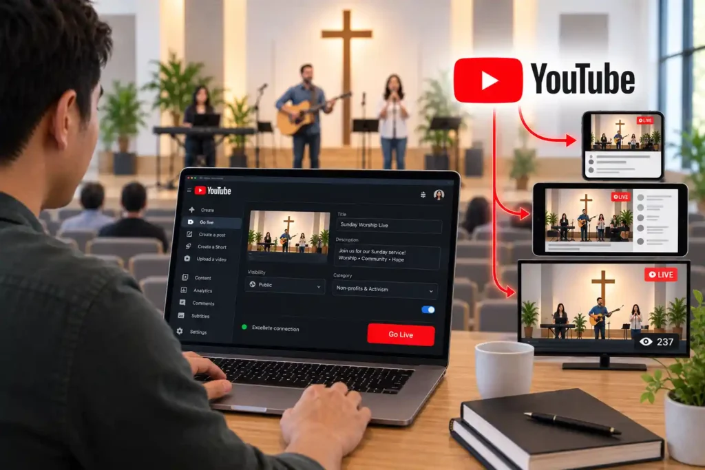 YouTube livestream settings screen used for streaming a church service