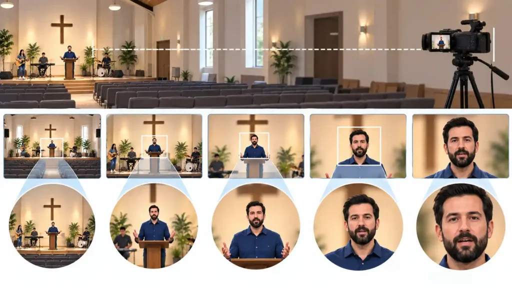 Camera zoomed in on a stage from 20 metres away during a church livestream