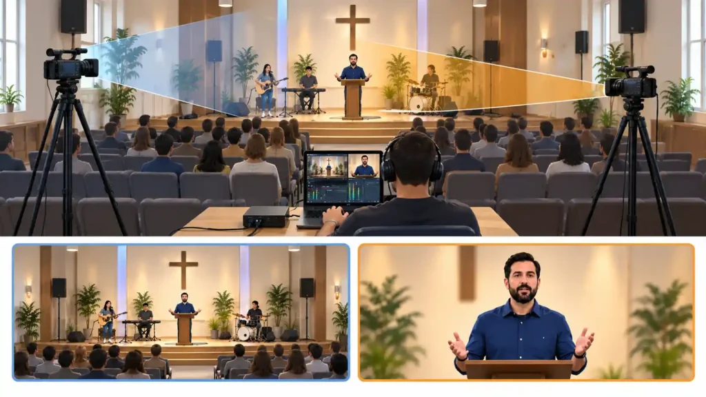 One volunteer operating two cameras during a church livestream