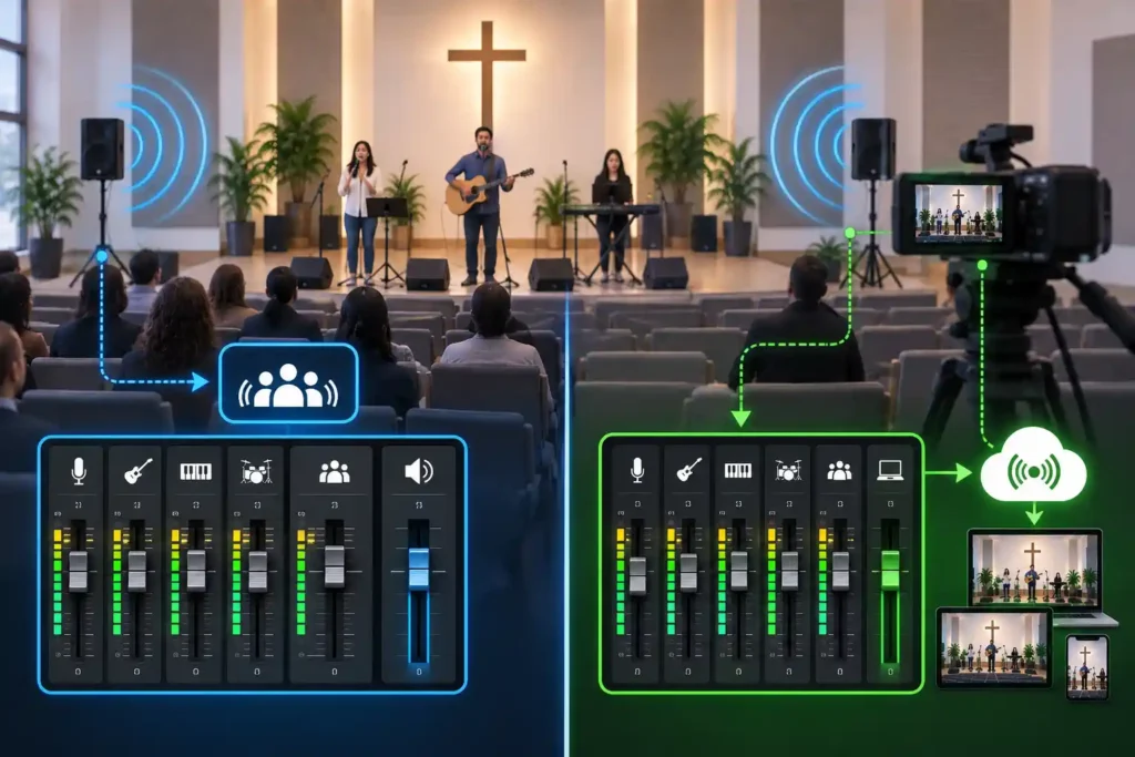 Diagram comparing the room sound mix and the livestream audio mix